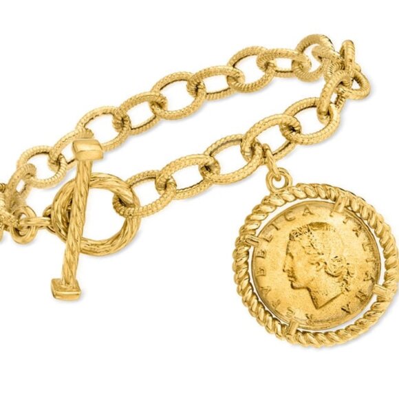 Ross-Simons Jewelry - Italian 18kt Gold Over Sterling Replica Lira Coin and Oval-Link Toggle Bracelet
